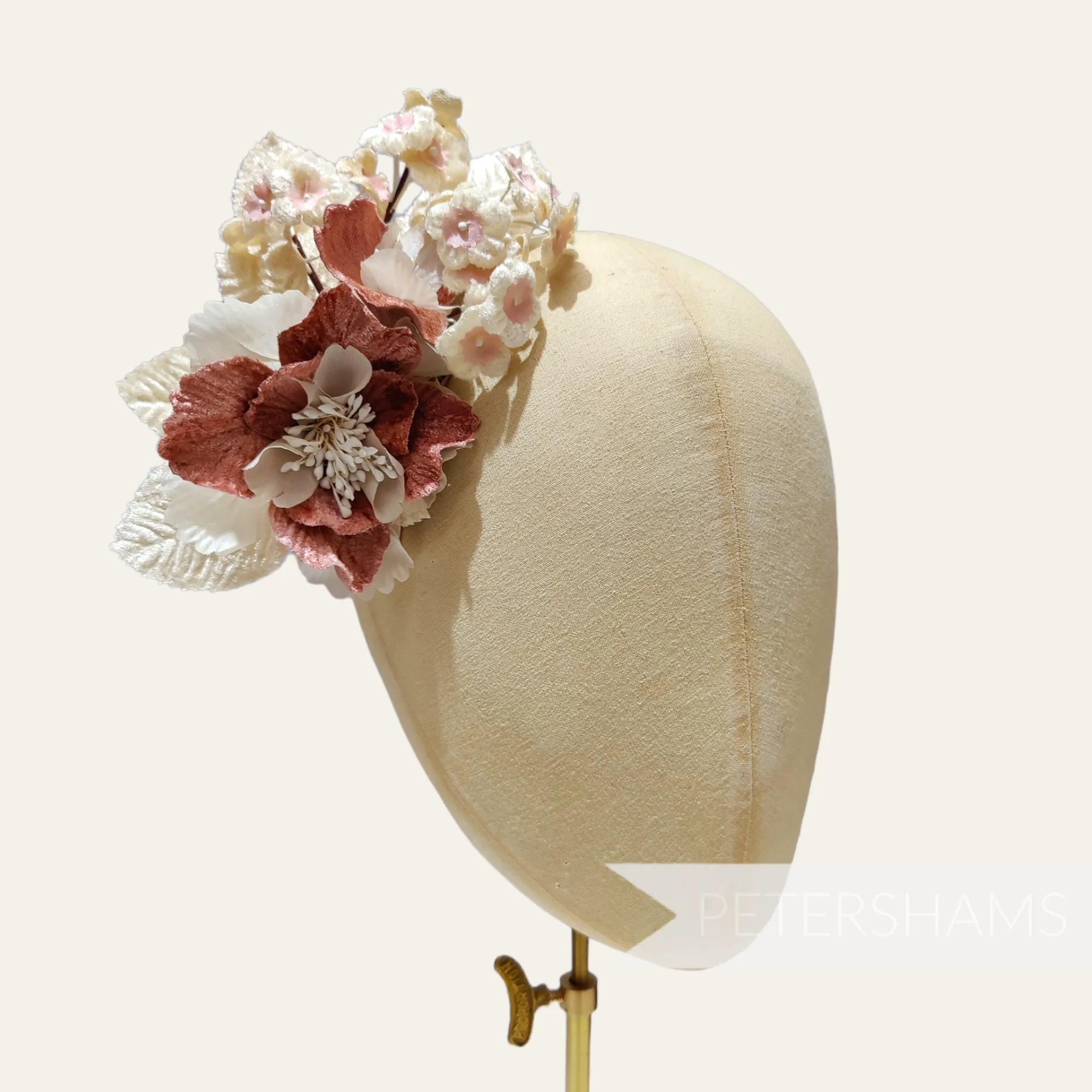 'Amoura' Velvet Flower with Mini Blooms and Leaves Hat Mount