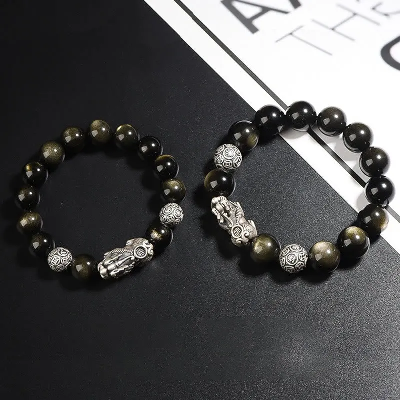 Buddha Stones 925 Sterling Silver Natural Gold Sheen Obsidian PiXiu Wealth Protection Bracelet