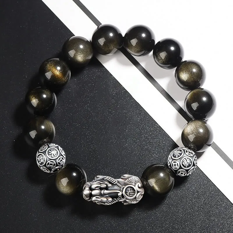 Buddha Stones 925 Sterling Silver Natural Gold Sheen Obsidian PiXiu Wealth Protection Bracelet