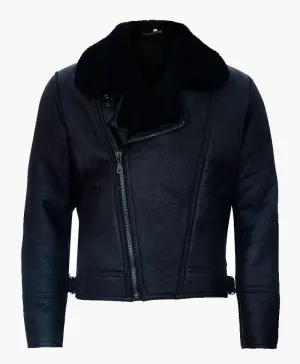 Men's Cross Zip Black Leather Jacket with Premium Fur Trim