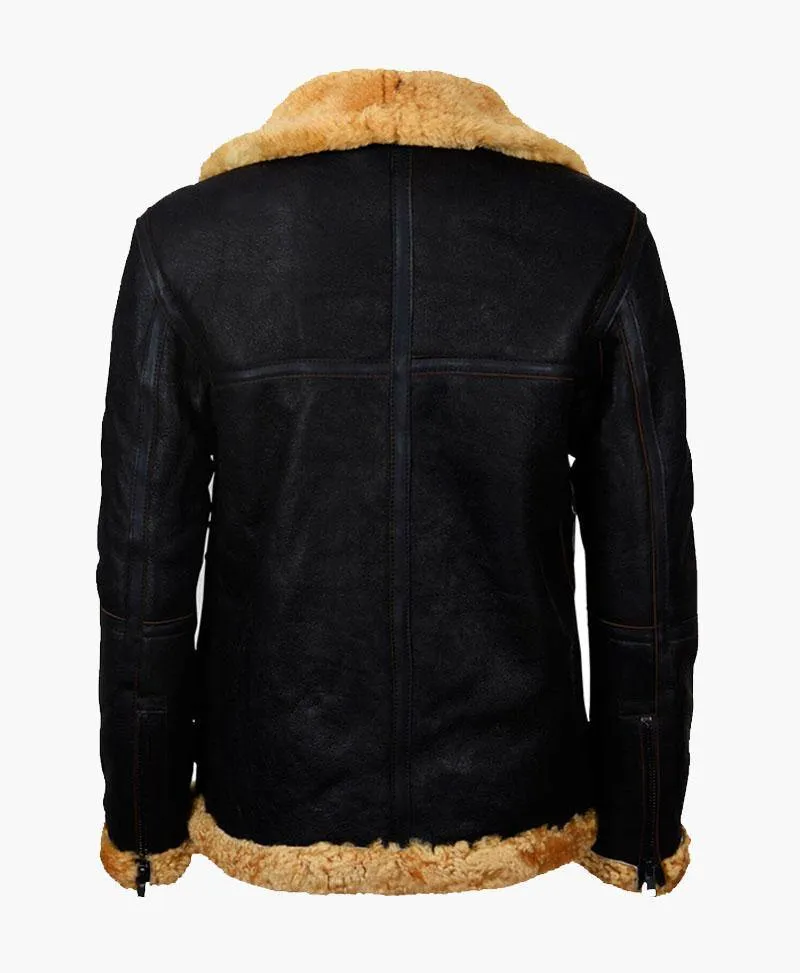 Men's Flying Brown Vintage Genuine Leather Jacket with Fur Trim