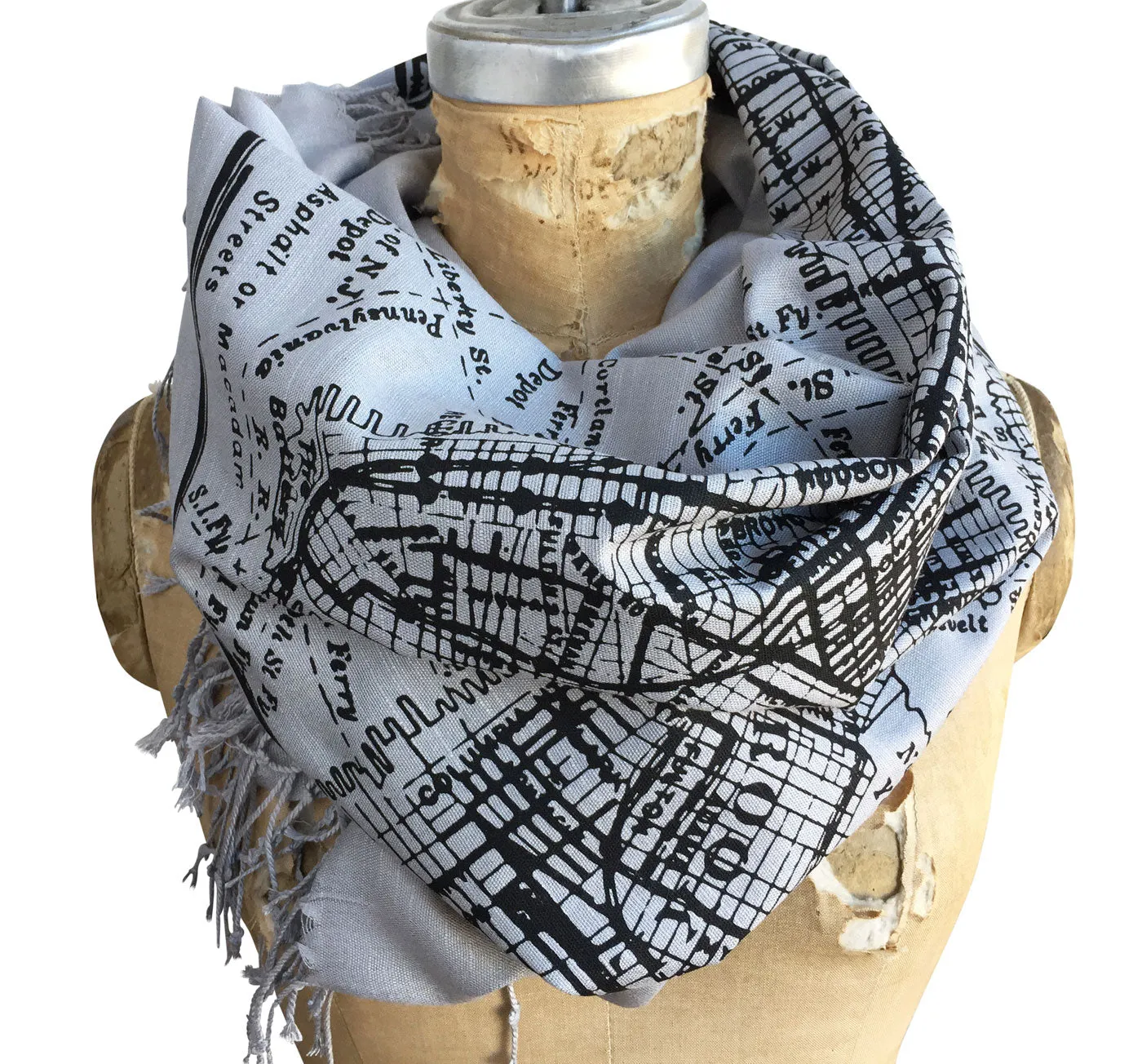 New York City Map Scarf, Brooklyn & Manhattan Linen-Weave Pashmina