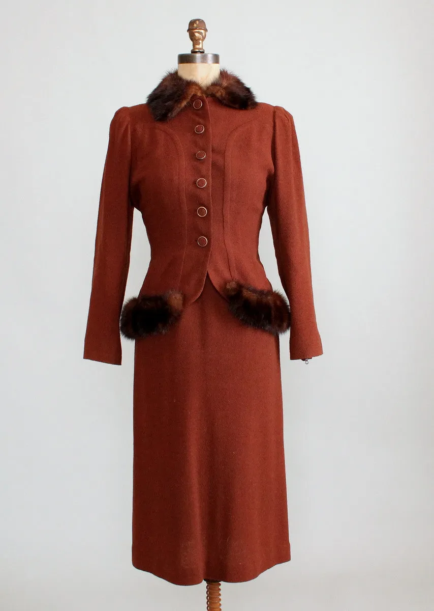 Vintage 1930s Brown Wool Dress with Fur Trimmed Jacket